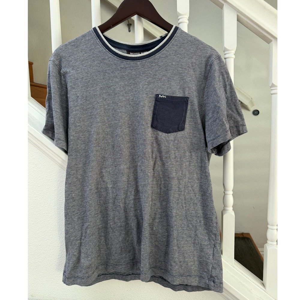 Michael Kors Blue Striped Pocket T-Shirt Short Sleeve Crew Neck Large MK Logo